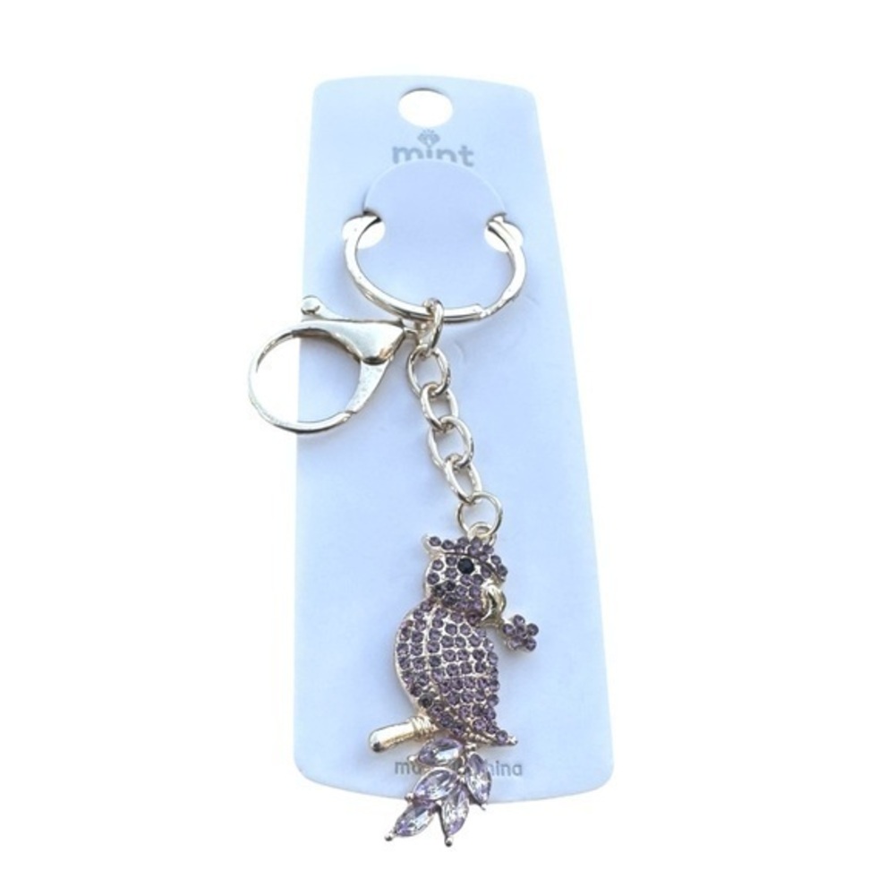 3/$25 Mint Parrot Bird Purple & Gold Jeweled Keychain Bag Purse Charm
